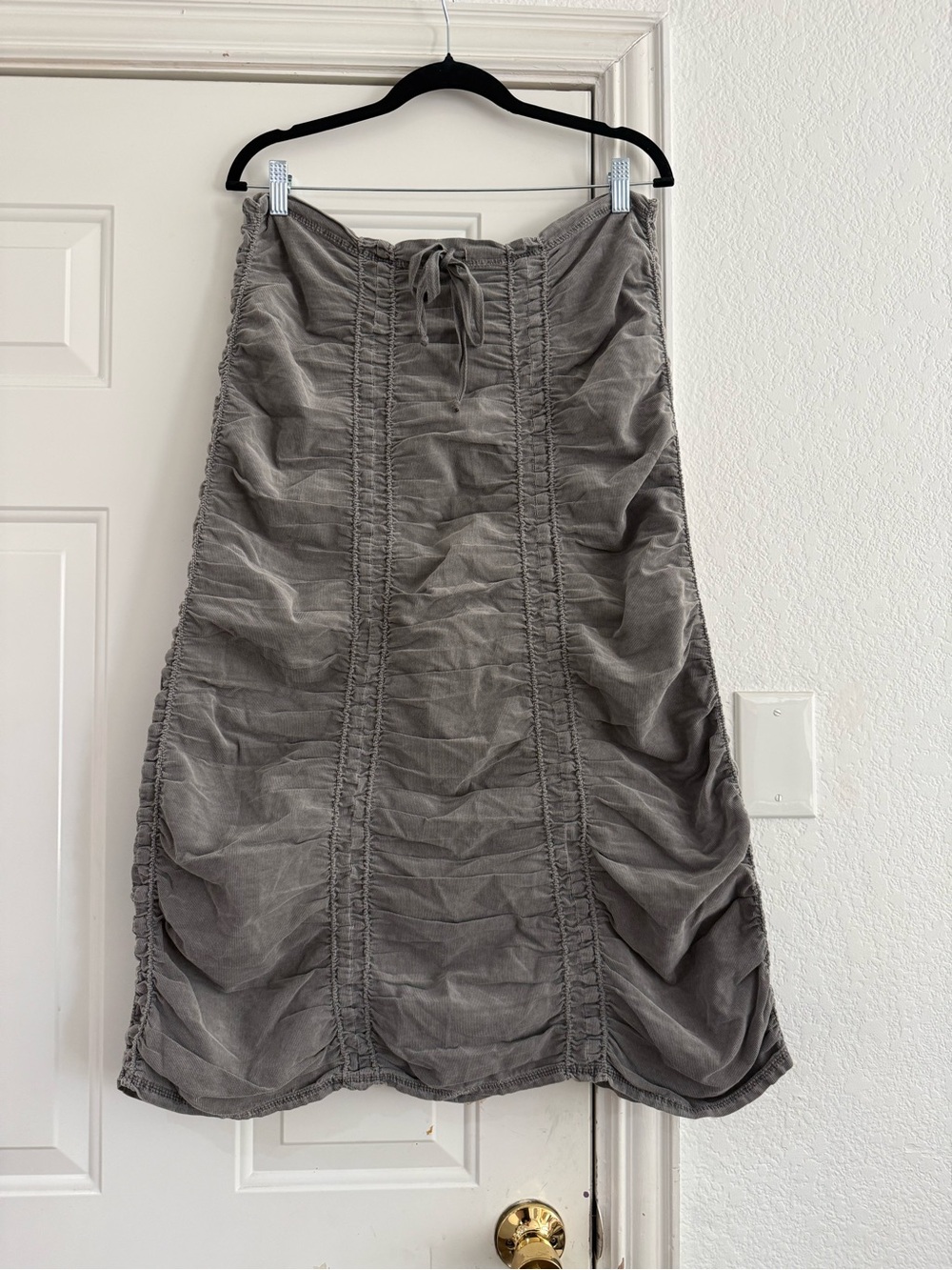 Women's Gray Corduroy Ruched Midi Skirt - Casual Drawstring Waist